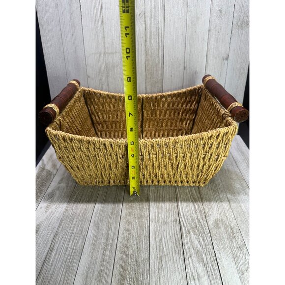Vintage Woven Wicker Rattan Basket Tray Rectangle Wooden Handle Boho 11"x9" - Picture 6 of 7